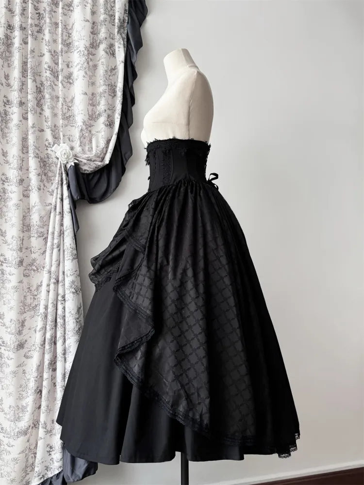 Schwarzer Korsett-Taillenrock mit Knochen und hoher Taille, Aristokratischer Gothic-Lolita-Rock