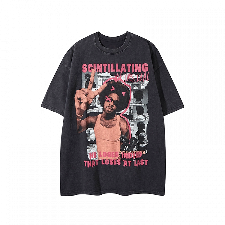 Black Round Neck Vintage Print Loose T-Shirt