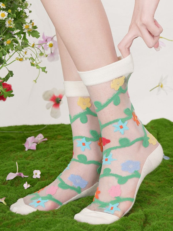 Floral Calf Semi-sheer Socks Pattern Pink/Blue/Beige