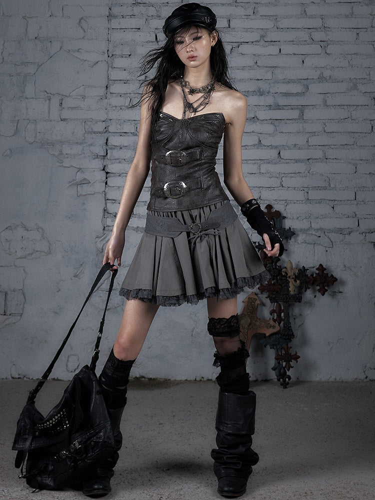 Bustier-Schnallenverziertes Punk-Top Rot/Braun Wasteland PU