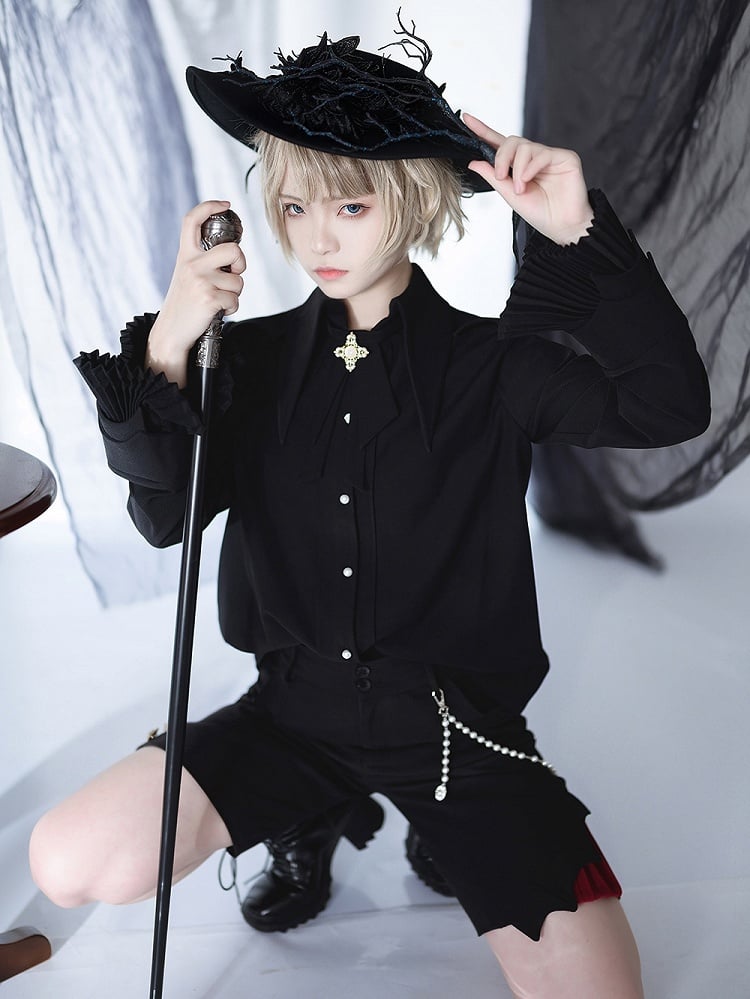 Schwarzes Lolita Ouji-Hemd mit spitzem Kragen im Prinzen-Stil