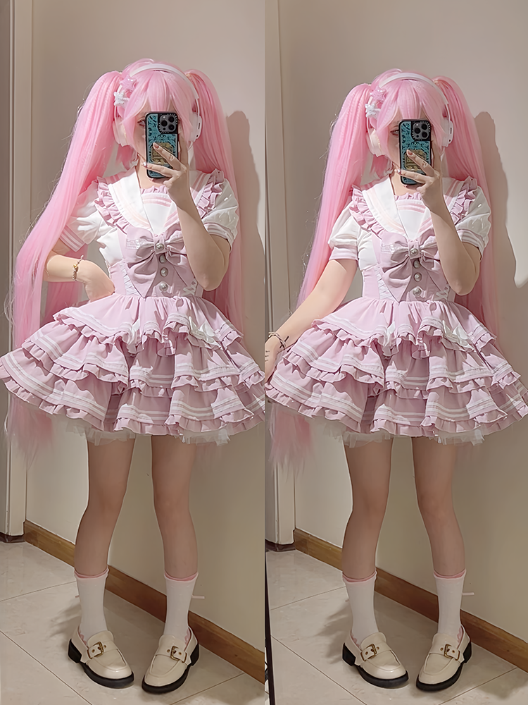 Accents Tiered Skirt Sweet Pink Overalls Flutter Sleeves Bow Lolita Dress Light