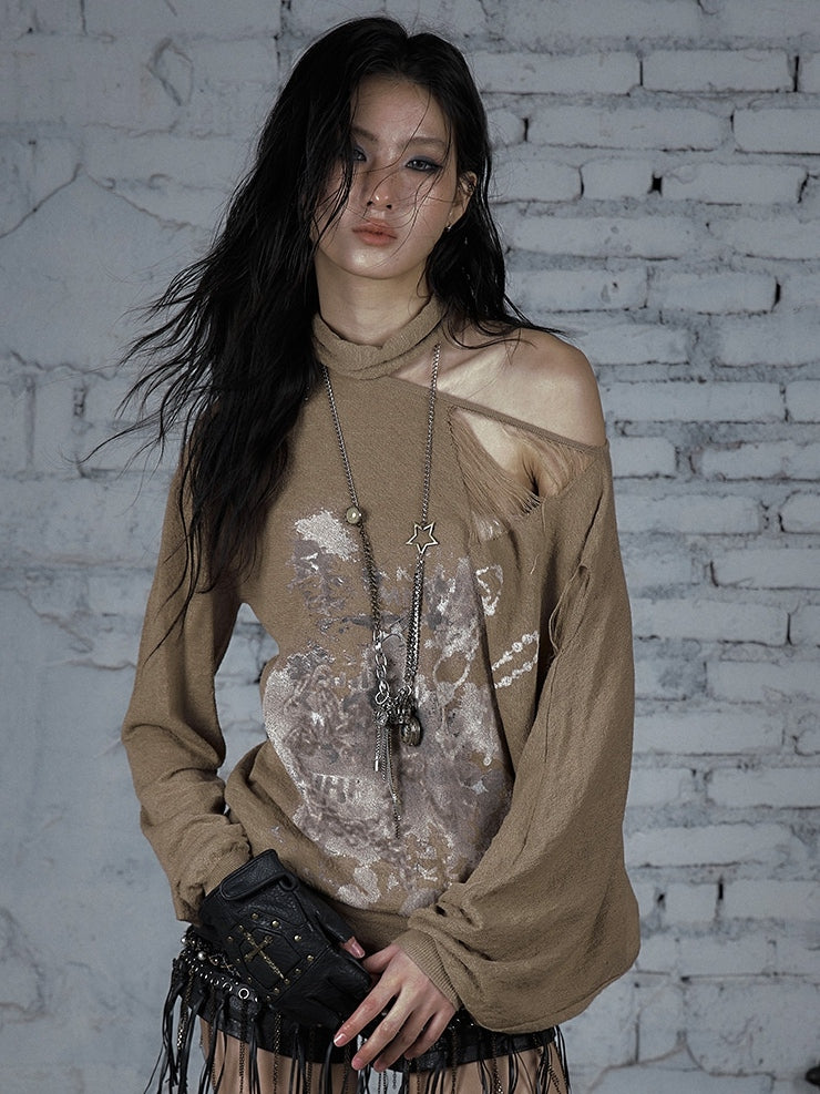 Distressed Beige/Khaki Top Neckline Punk Asymmetrical Sun Protection Wasteland Holes