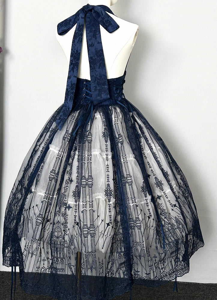 Dark Blue Gothic Lolita Corset Belt with Drawstring Design Cathedral Overlay
