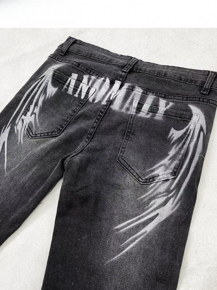 Flare Black Wings Print Y2K Jeans And Silhouette Cross