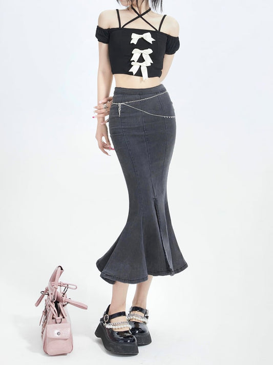 Skirt Back Slit with Zipper Denim Mermaid Ink Black Front