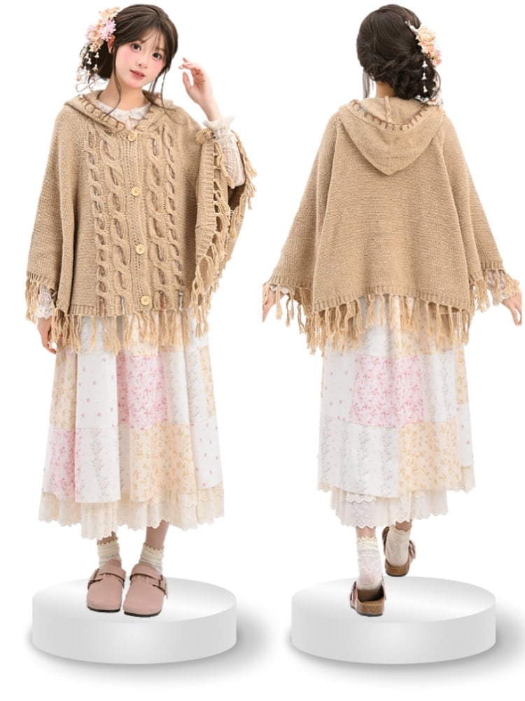 Cape mit Quastensaum Khaki Gestrickte Kapuze