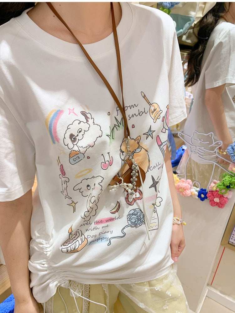 Version T-Shirt Beige Adorable Fox Print Long/Short