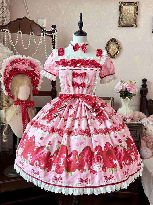 Set Erdbeerkleid Sweet Lolita Kurze Ärmel Volldruck Rosa