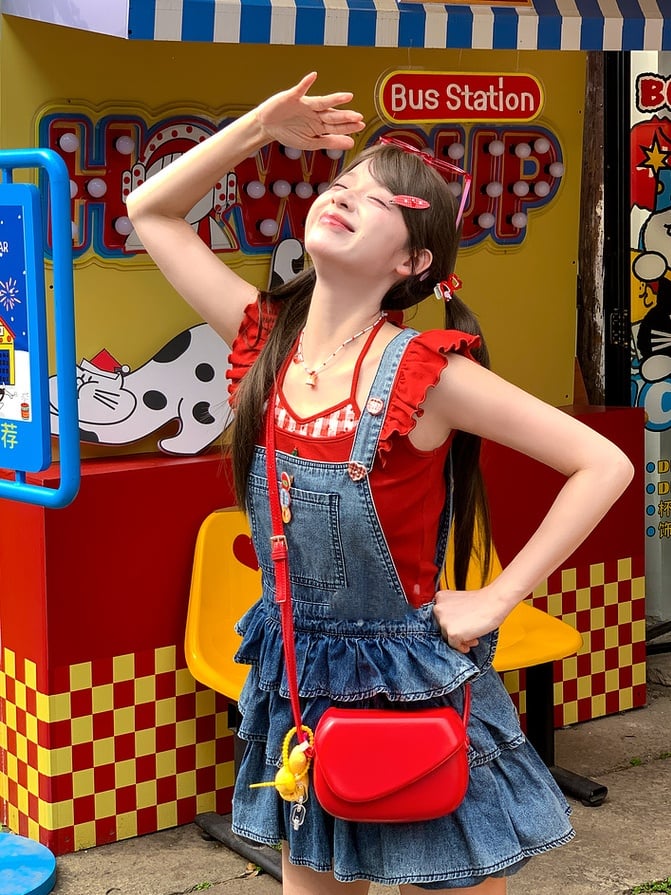 Overalls Lined Blue Tiered Ruffles Distressed Denim Design