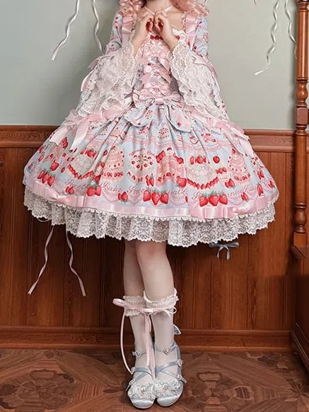 Blue Lolita Dress Bell Cake Piece Long Strawberry Sleeves One Sweet Print