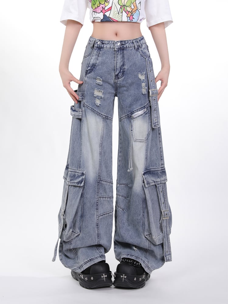 Wash Blue Distressed Cargo Jeans with Adjustable Strap Accents Faded