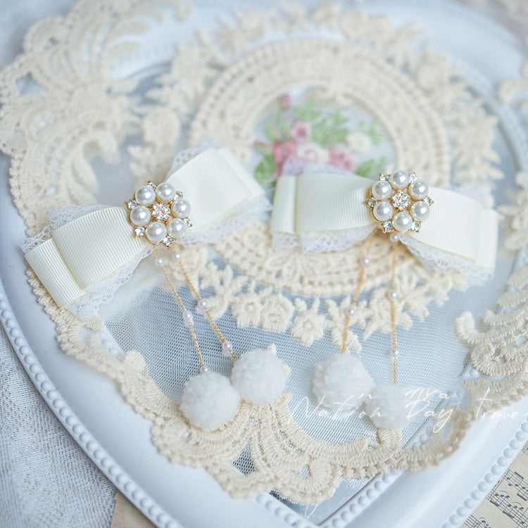 Pompons Charm Jirai Kei Bow Hairclips Pink/Dusty Blue/Creamy Blue Dusty White/Light