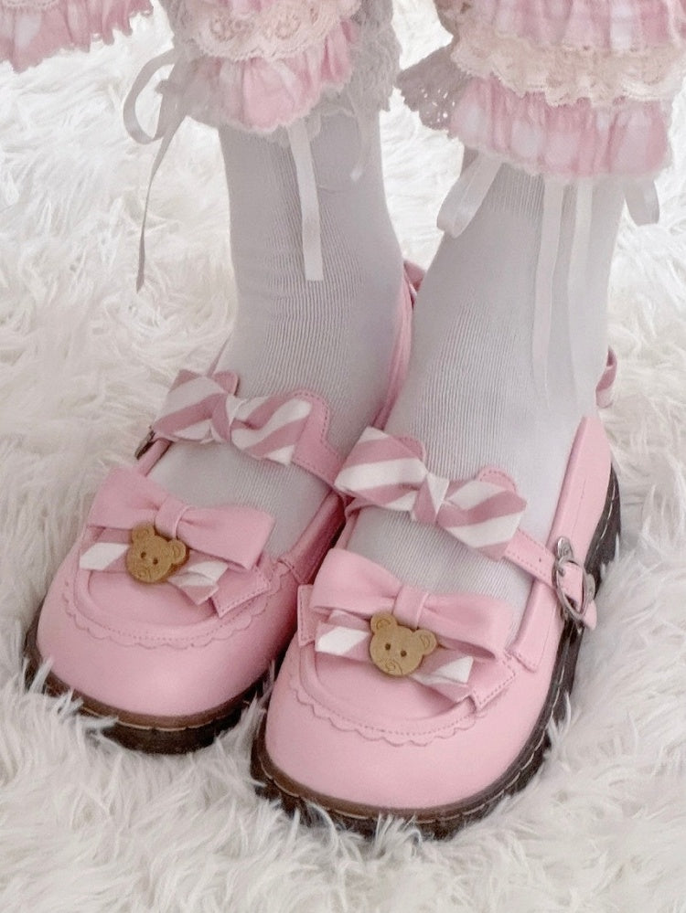 - 2cm Sweet with Uniform Striped Flats Pink Bow PU Lolita Sole