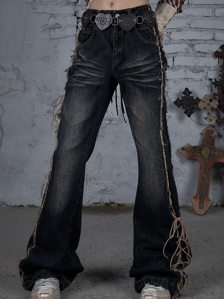 Fishtail Punk Lace-up Detail Wasteland Dark Jeans Hem Raw Blue