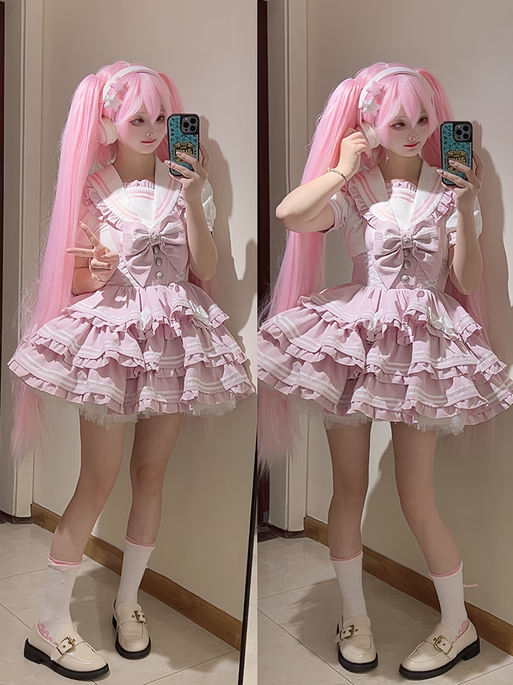 Accents Tiered Skirt Sweet Pink Overalls Flutter Sleeves Bow Lolita Dress Light