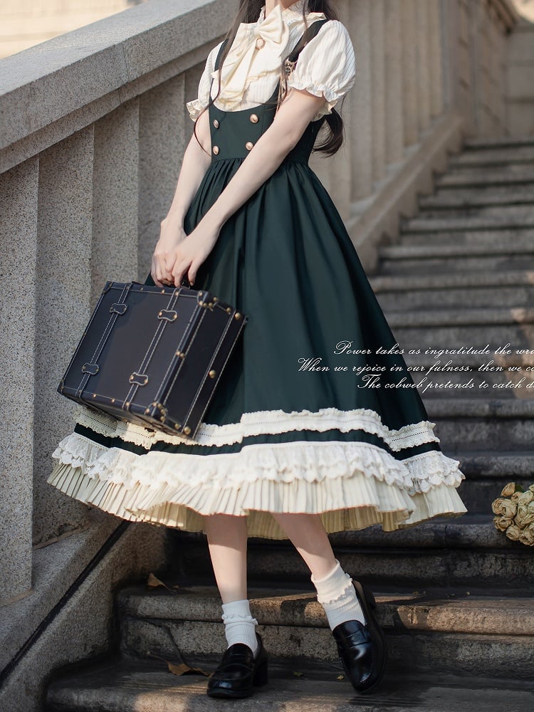 Green Overall Dress in High Waist Style Dark Preppy with Beige Lace Trim