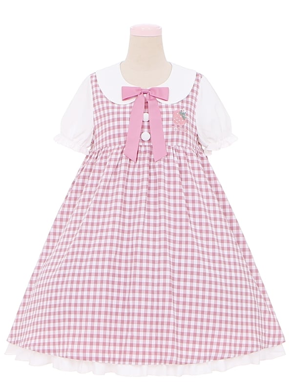 Pink Strawberry Peter Pan Collar Plaid Short Puff Sleeves Dress