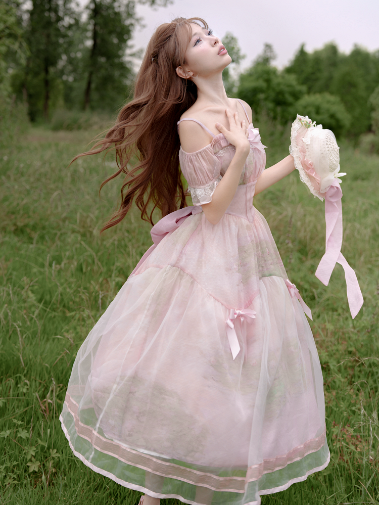 Painting Dress with Organza Overlay Oil Pink Water Lily Print Basque Waist Light