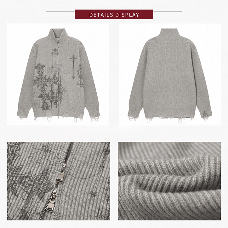 Edgy Gothic Cross Print Gray Distressed Oversized Cardigan Sweater