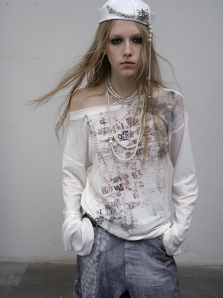 Wasteland Punk Letter Long Top Asymmetrical Blue/Beige Sleeves Neckline Print