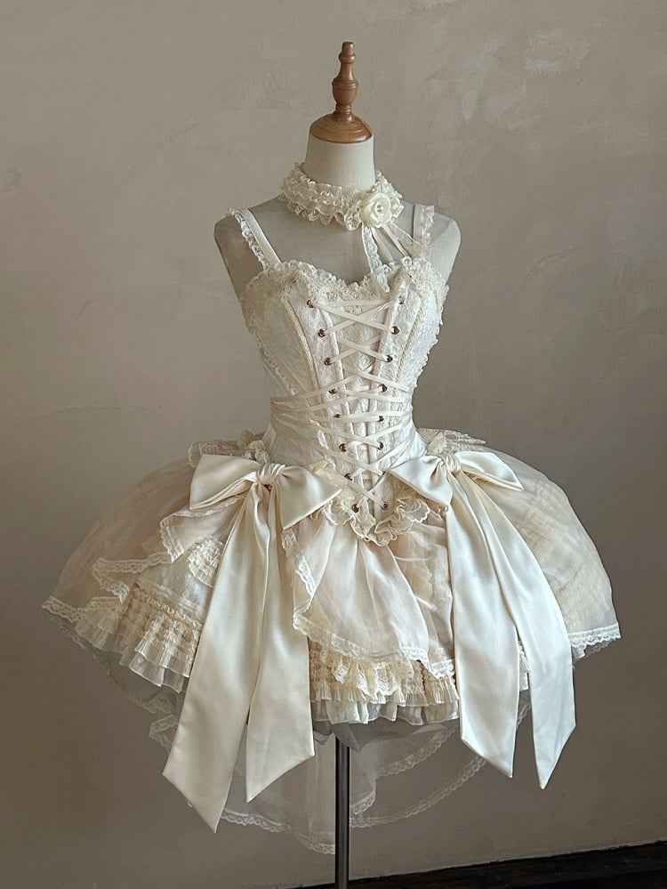 + Top Set Creamy Elegant Balletcore Skirt Lolita High-low Overlay Corset - Boned