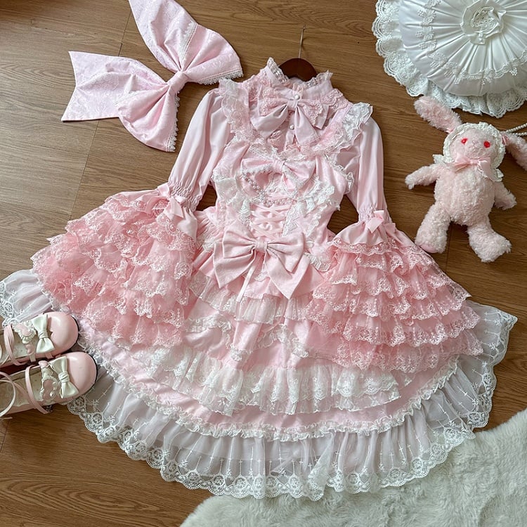 Trims Dress Pink Skirt White Decorated Jumper Lace Lolita Hanayome Bows