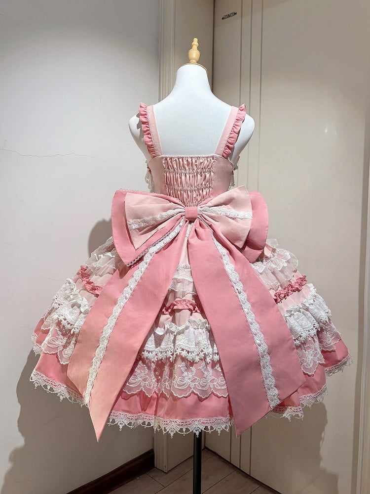 Pink Tiered Lolita Dress Sweet Bows Skirt and Details Bead Detachable