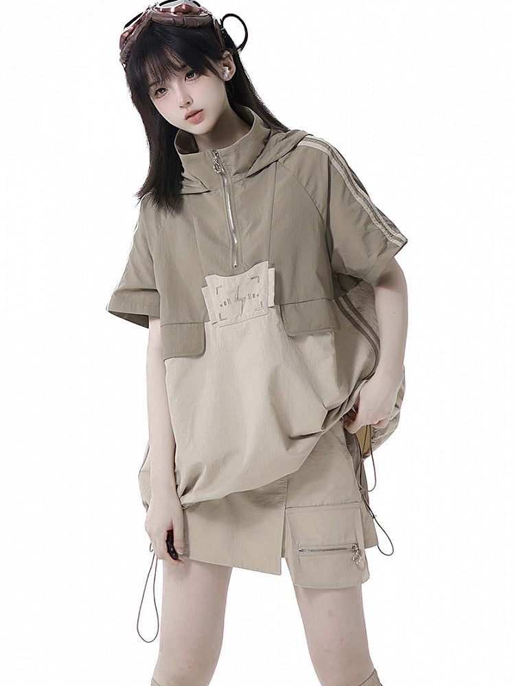 Khaki Colorblock Lightning Embroidery Drawstring Techwear Hooded T-shirt Hem