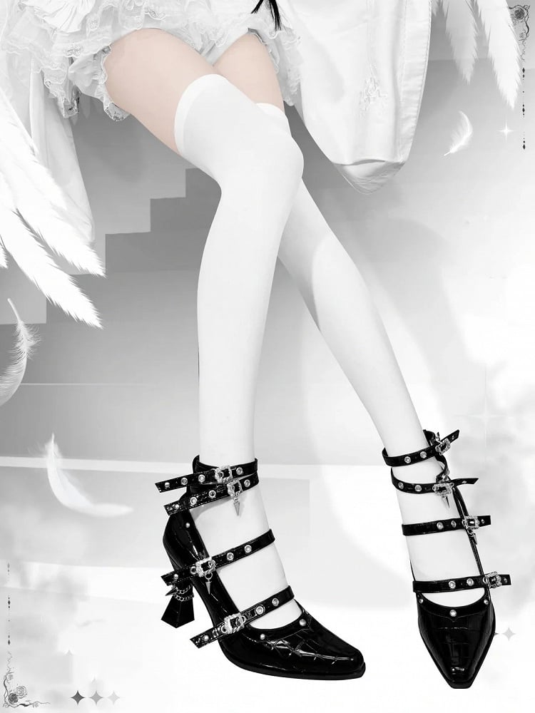 in Buckle Leather Faux Polished 8.5cm Gothic Heel High Crocodile Multiple Heels Straps with Black