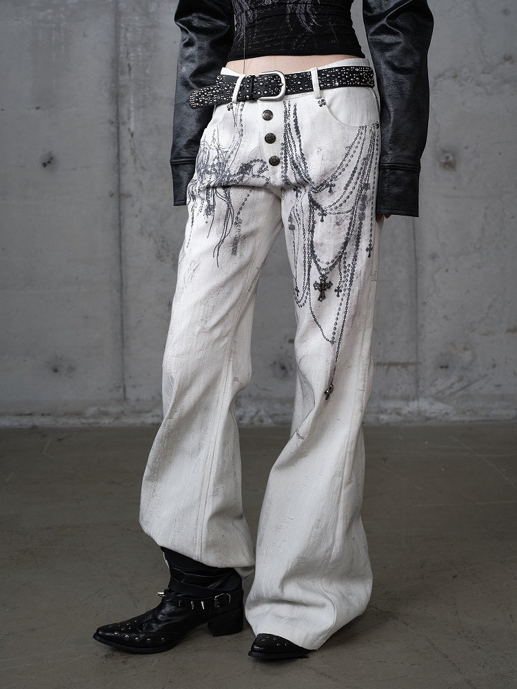 with Chain Studs Print Punk Cross Pants Button-Up Wide-Leg Fly White