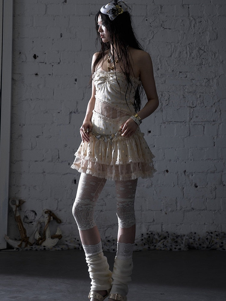 Beige/Black Neck Waist Polka-dot Vintage Halter Lace Patches