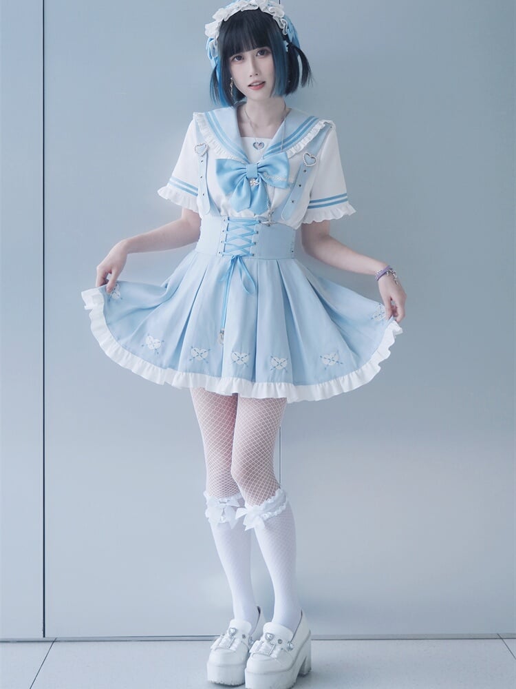 Jirai Kei Overalls Light Blue Heart Front Embroidery Lace-up