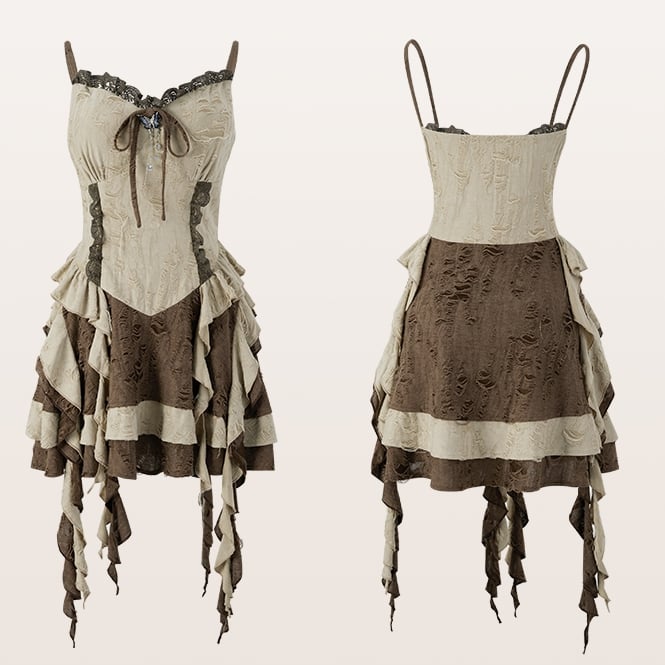 Plus Size Basque Waist Cascading Ruffles Distressed Wasteland Punk Brown Holes Cami Dress