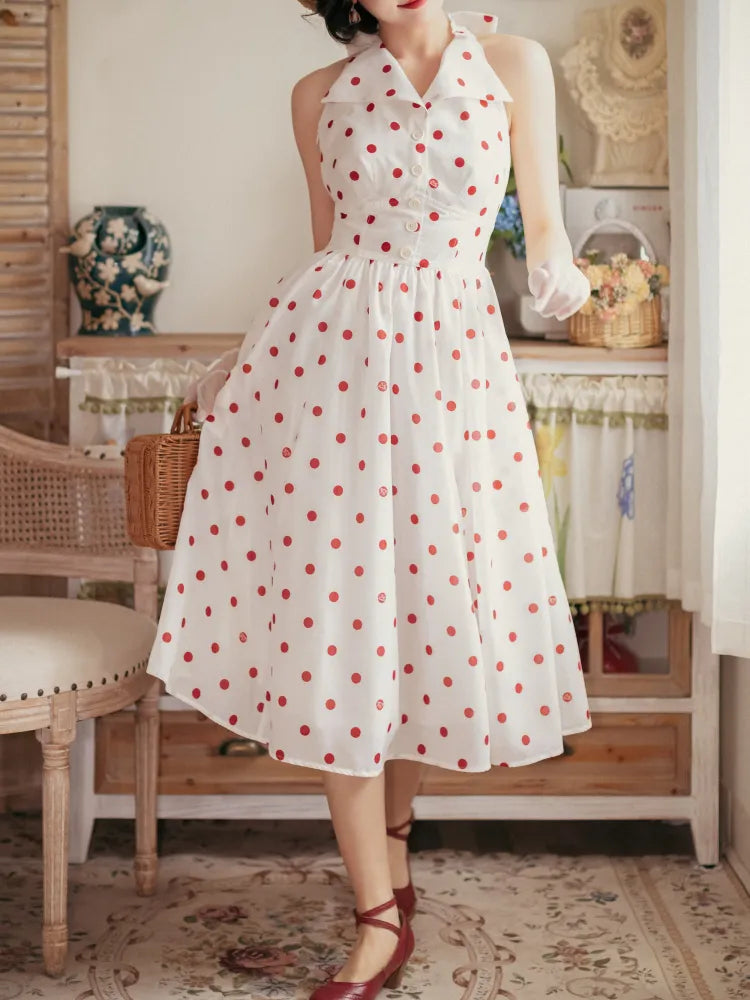 Pattern Polka Dress Dots Bow Halter Big Fashion Retro Print Backless Back Neck