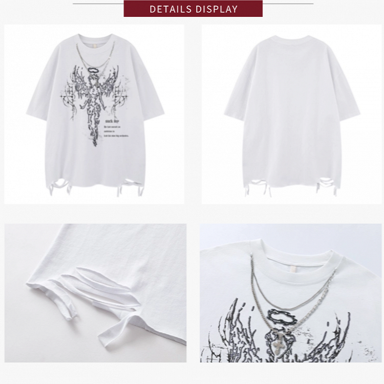 White/Black Distressed T-Shirt with Angelic Outline and Detachable Chain Cross