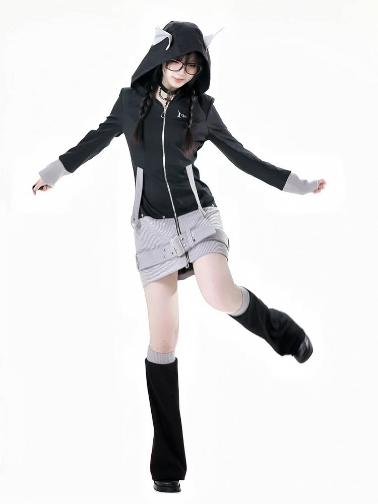 Black Strap and Design Hood Colorblock Wolf Ears Buckle Zip Closure Dress Gray Knit