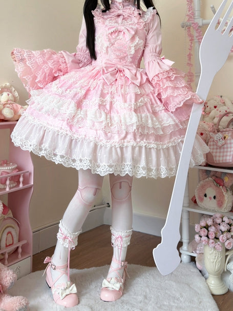 Weiße Spitze Lolita Verzierte Borten Hanayome Rosa Rock Schleifen Kleid Pullover