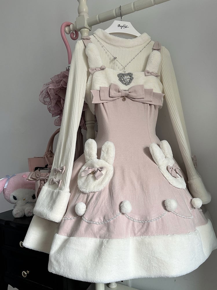 Rosa Lolita-Kleid mit süßem Winterhasen-Motiv und Plüsch-Ausschnitt und -Saum