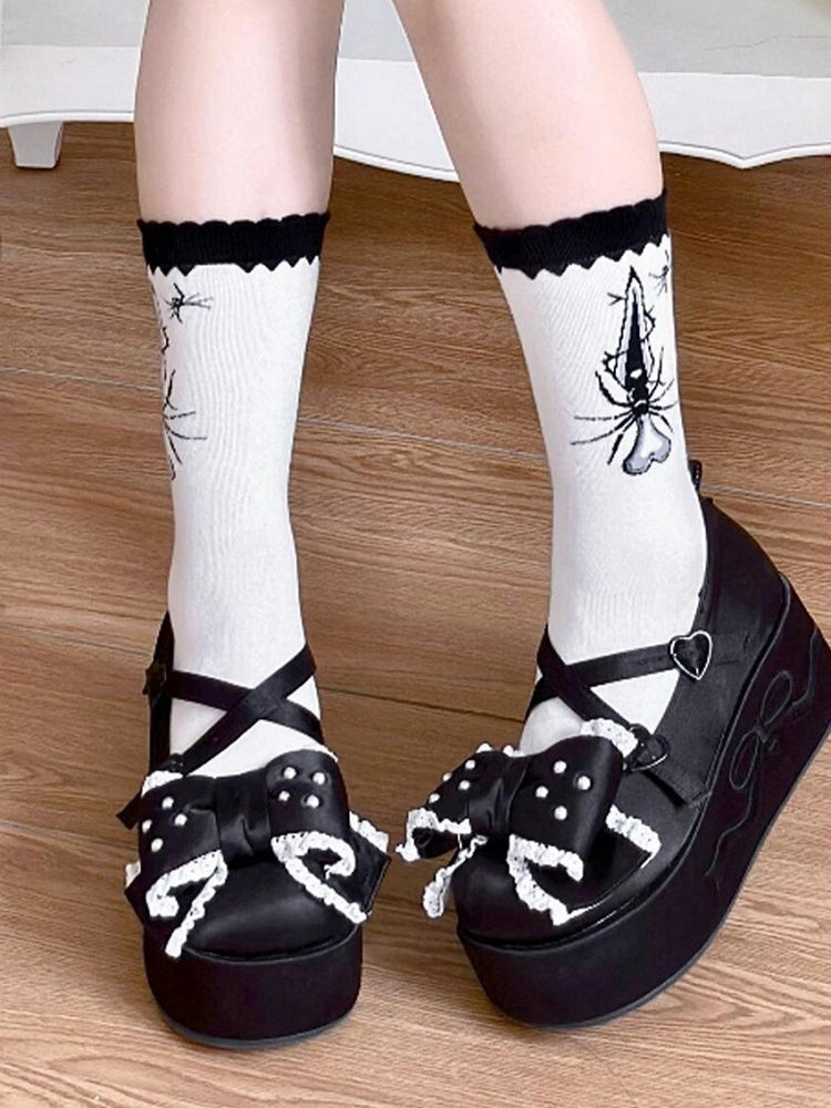 Polka-dot Sword Calf Black Pattern Spider Lolita Socks