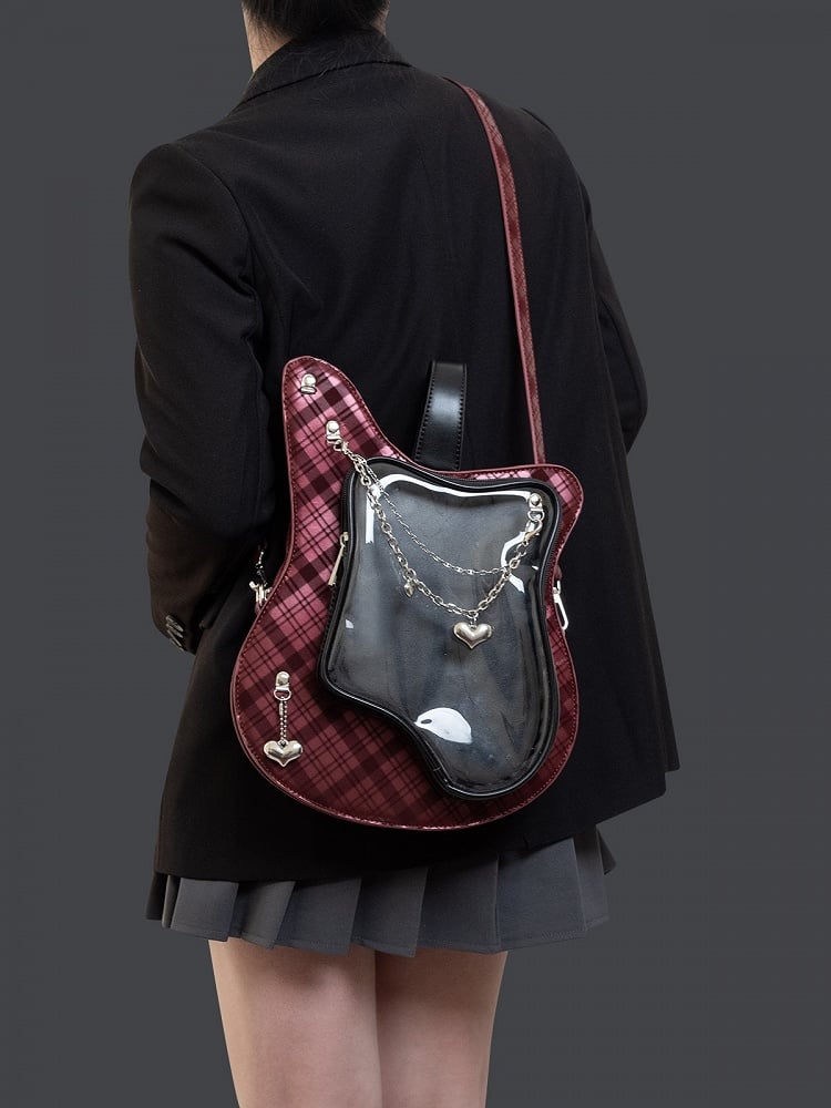 Edgy 2-Way Y2K Black Red Plaid Guitar-Shaped Ita Bag With Heart Chain Accents