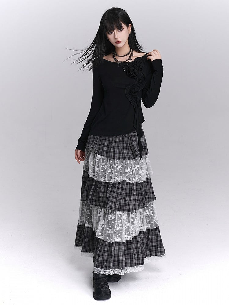 Tiered Skirt Black Layers White Maxi with Low-waist Plaid Lace