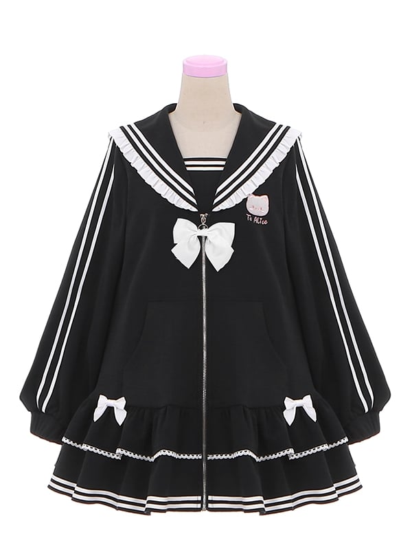 Embroidery Zip Kitty Jirai Kei Collar Dress Black Landmine Style Sailor Closure