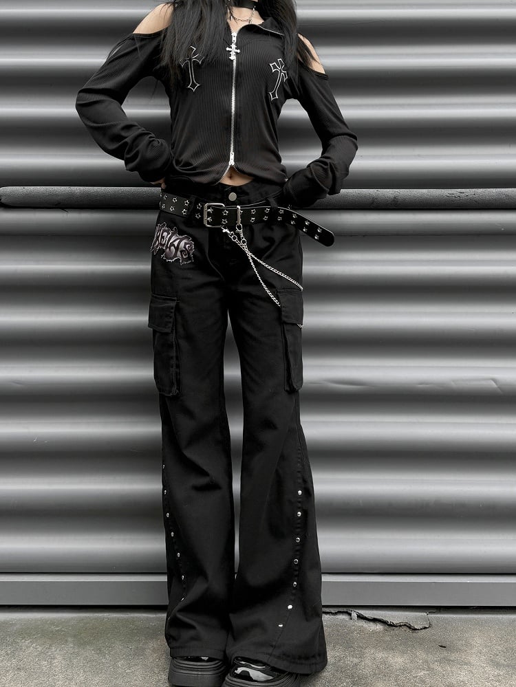 Punk Black Letter Patch Cargo Pockets Low Waist Fishtail Pants mit Gürtel