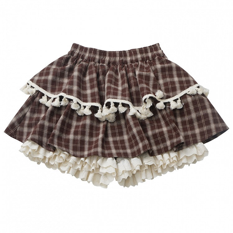 Braun karierter Stufen-Skort mit Rüschenbündchen und Fransenbesatz