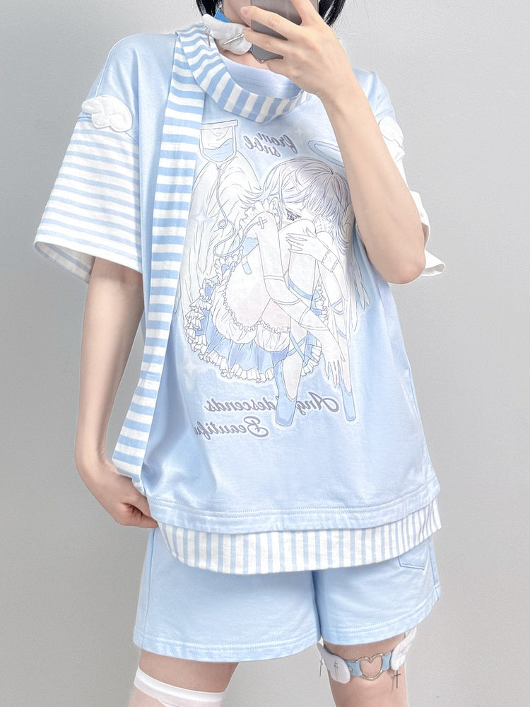 Blue Anime Girl Print Wing Appliques T-Shirt with Striped Scarf