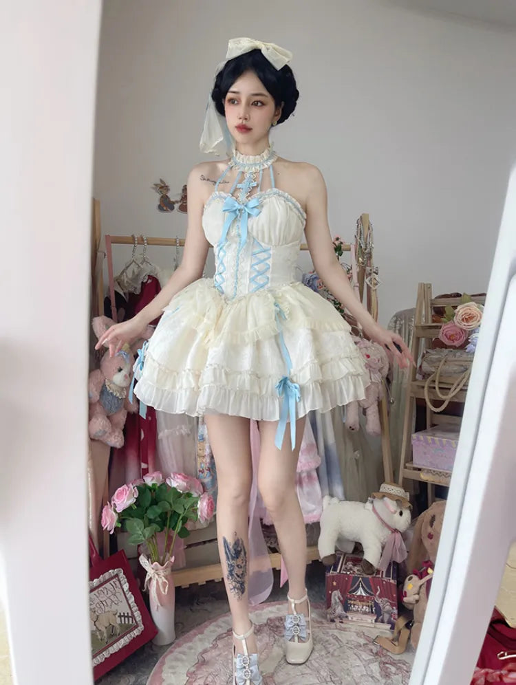Cross Belle Beige and Blue Halter Neck Corset Dress Balletcore Lolita JSK