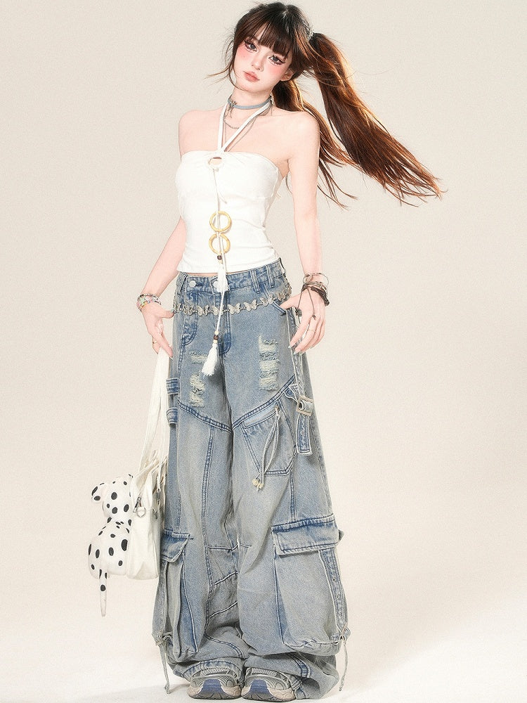 Straps Neck Tassel Top White Halter Glamorous