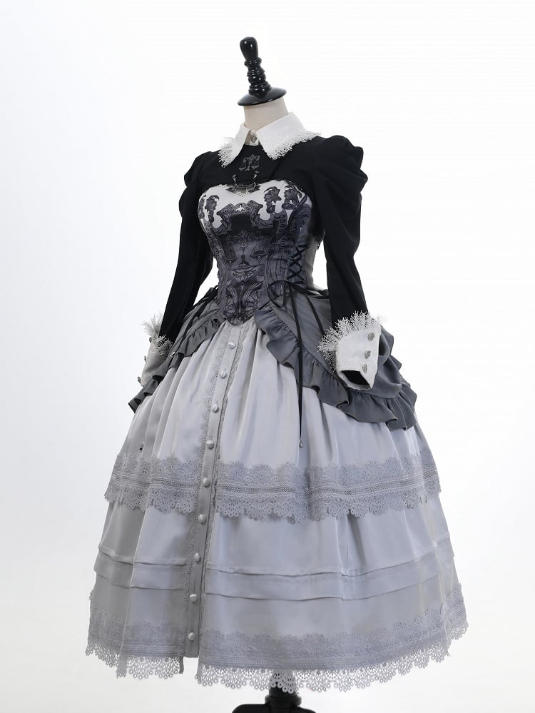 with Corset Lolita Belt Gray Waist High Detachable Overlay Gothic Skirt Boned