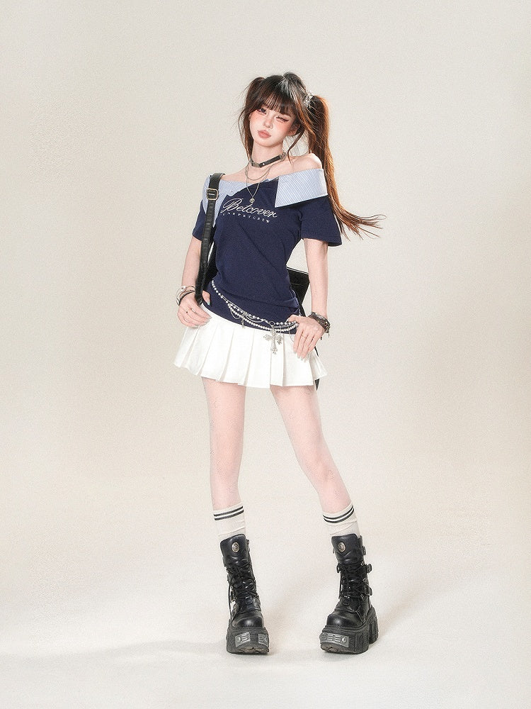 T-Shirt Foldover Navy Striped Neckline with Letter Blue Print Glamorous Collar - Asymmetrical